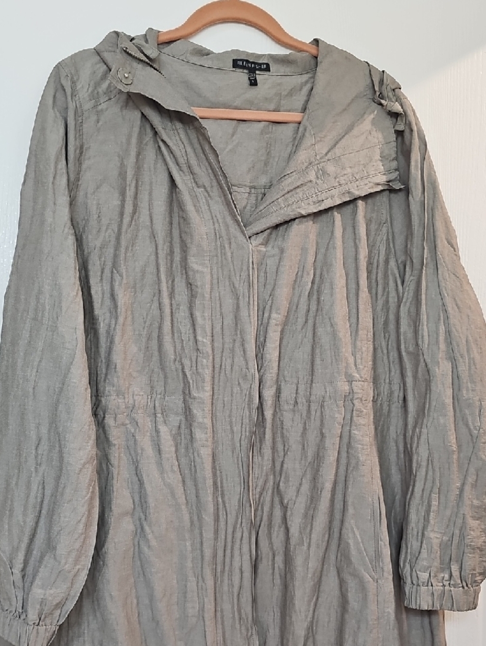 Eileen Fisher Gray Hooded Linen RainCoat, cotton,zip & snap,hood detachable